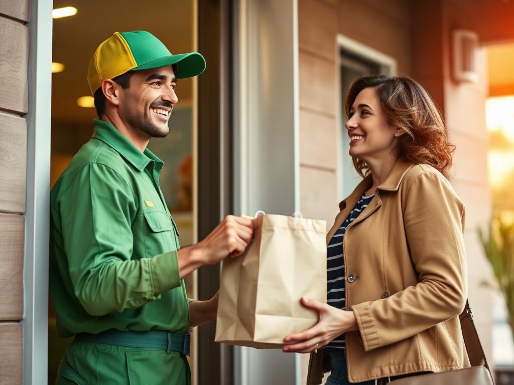 Delivery person handing order to happy customer