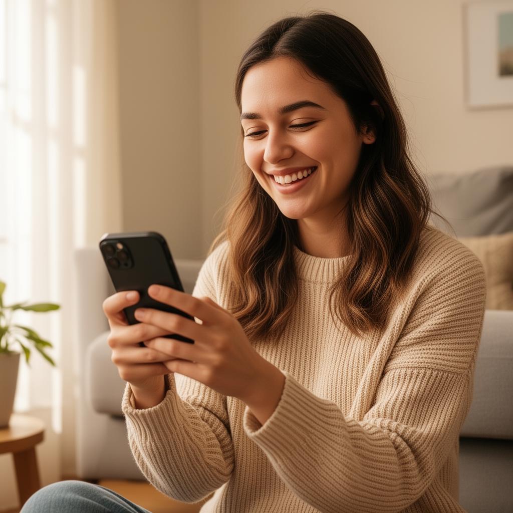 Woman happily ordering on her phone